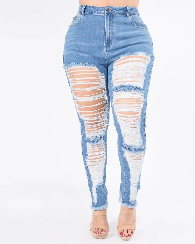 Front of a model wearing a size 2XL Plus Size High Waist Distressed Skinny Jeans in Blue in Blue by American Bazi. | dia_product_style_image_id:326074